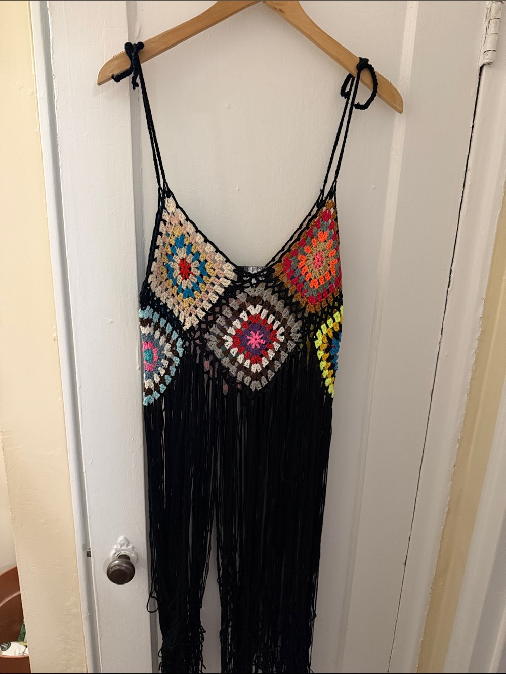 Boho Crochet Fringe Maxi Dress - Black with Multicolor Squares